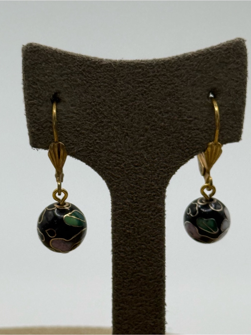 Gold-Tone Black Cloisonné Drop Earrings with Green & Pink Accents